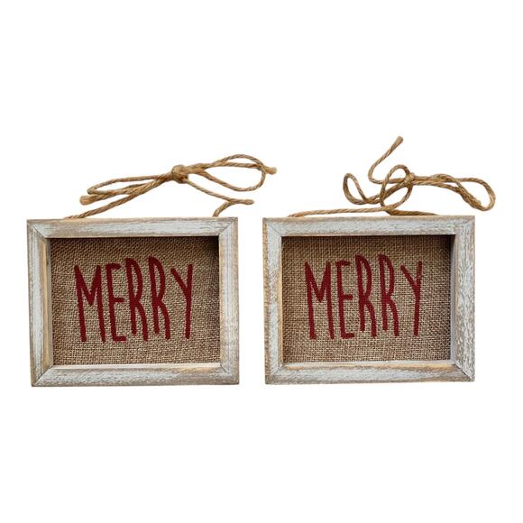 Rustic Wooden Merry Sign Ornament set of 2 (5”x4”) - Picture 1 of 3